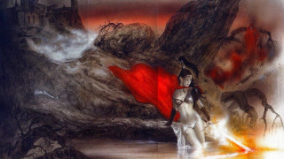 Woman red cape lake castle - a red flame free wallpaper