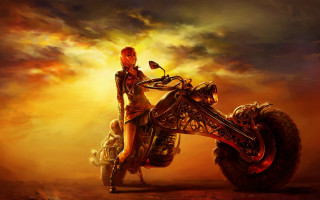 Woman riding motorcycle surreal painting - bastien lecouffedeharme free wallpaper
