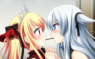 Blonde blueeyes kissing food yuri - a red bow free wallpaper