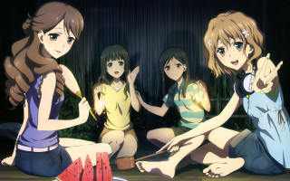 Girls sitting pointing air group - the other pointing free wallpaper