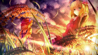 Anime girls field grass sky - yellow hair free wallpaper