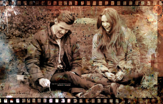 Man woman dog sitting ground - their mouth free wallpaper