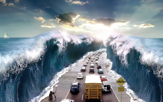 Large wave crashing road cars - eric zener free wallpaper