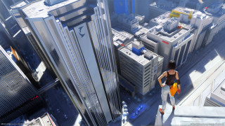 Woman walking tall building city - giantess art free wallpaper