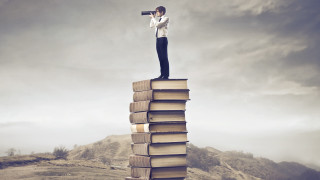 Man standing stack books telescope - a telescope free wallpaper