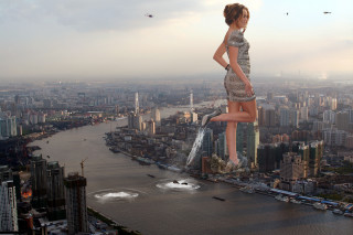 Woman skyscraper city water background - giantess art free wallpaper