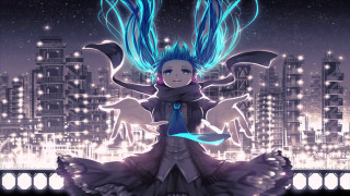 Woman blue hair dress cityscape - building free wallpaper