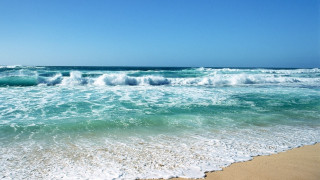 Beach waves crashing shore blue - free beach wallpaper
