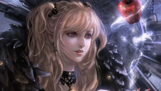 Blonde angelic gothic apple crow - red eyes holding free wallpaper for desktop