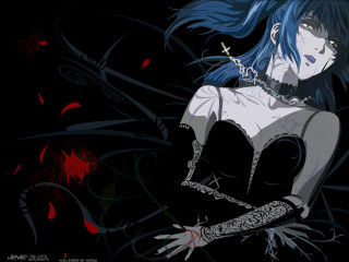 Blue hair gothic anime sword - red flower free wallpaper