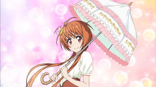 Girl long brown hair umbrella - a pink background behind her free wallpaper