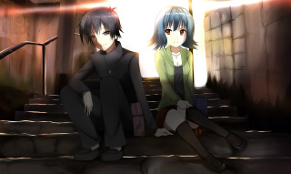 Anime characters sitting steps together - a black shirt free wallpaper for desktop