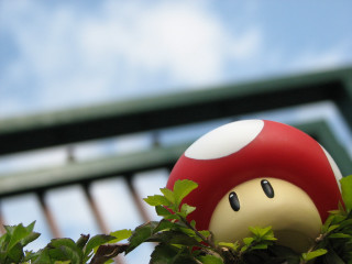 Mushroom toy tree sky bridge 2 - a sky background and a bridge in the background free wallpaper
