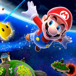 Mario flying characters planet stars - free gaming wallpaper for tablet