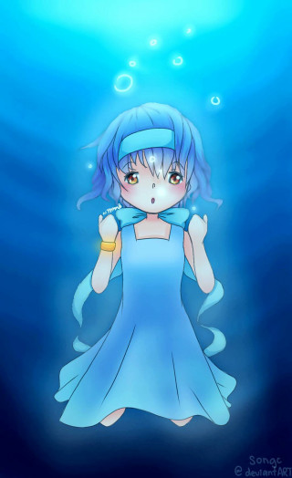 Girl blue dress underwater bubbles - under free wallpaper for mobile