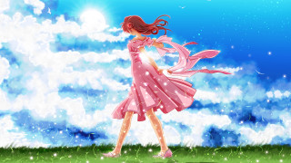 Girl pink dress grass hair - the wind free wallpaper