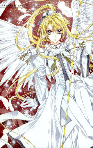 Blonde woman white wings holding - anime art free wallpaper for mobile