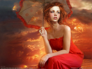 Woman red dress umbrella cloudy - an umbrella in front free wallpaper