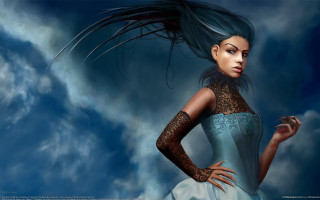 Woman blue hair dress cloudy - overhead in the sky free wallpaper