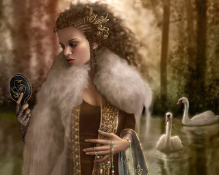 Woman fur coat mirror swan 2 - dark fantasy art free wallpaper