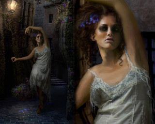 Woman white dress posing dark - a lamp free wallpaper for desktop