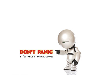 Robot pointing sign dont panic - a robot free wallpaper for desktop
