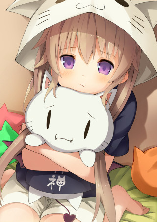 Girl cat bed shoulder sitting - a bed free wallpaper for mobile