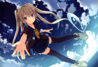 Girl flying clouds blue moon - her arm free wallpaper for desktop