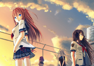 Anime girls fence sky background 2 - a uniform free wallpaper