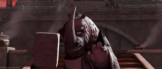 Giant demon statue building clock - dramatic cinematic lighting free wallpaper