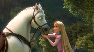 Girl petting horse cartoon scene - a pink dress free wallpaper for desktop