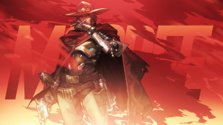 Cowboy man gun red background - context art free wallpaper