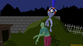 Cartoon man holding giant robot - a skeleton free wallpaper