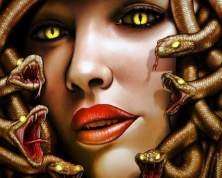 Woman yellow eyes snakes face - a snake free wallpaper