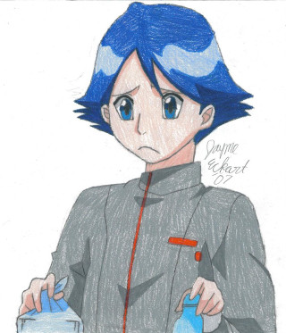 Blue haired boy holding blue - gray free wallpaper for tablet