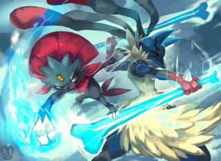 Pokemon fight blue red object - cloud behind them free wallpaper