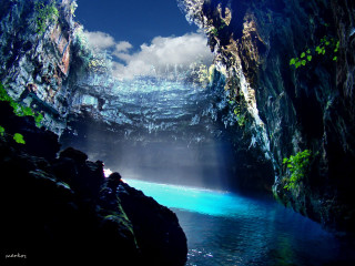Cave blue pool waterfall nature - a blue pool in the middle of it free wallpaper