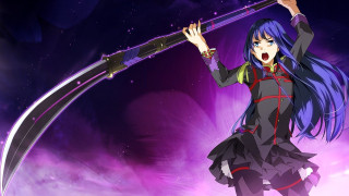Woman blue hair sword purple - a purple background free wallpaper for desktop