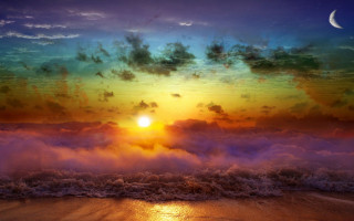 Sunset ocean moon clouds beach - a moon in the sky free wallpaper