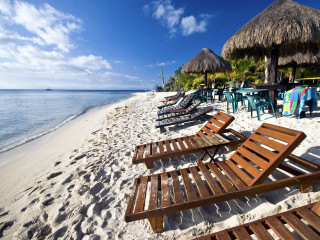 Beach lawn chairs thatched umbrellas - free beach wallpaper