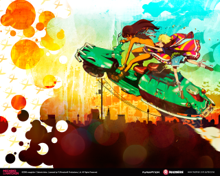 Woman riding green car air - a colorful background behind her free wallpaper