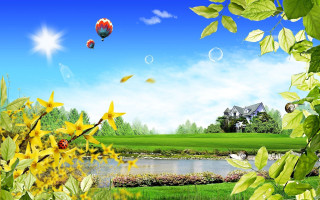 House pond hotairballoon landscape matteart - hot free wallpaper