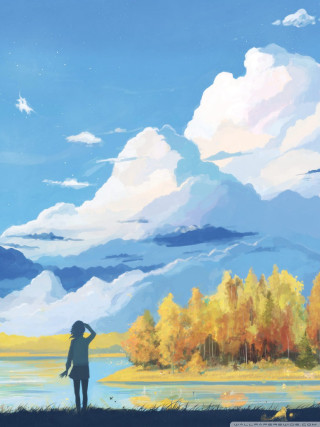 Person standing lake sky background - impressionism free wallpaper for mobile