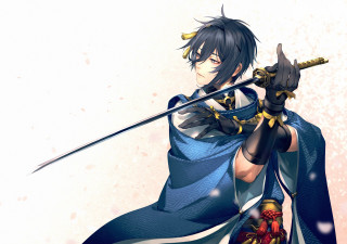 Man blue robe sword cherryblossoms - a sword and a sword free wallpaper