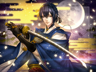 Man blue outfit sword full - a full moon behind free wallpaper