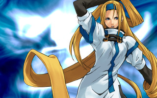 Woman white outfit yellow ribbon - a blue background behind her free wallpaper