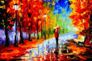 Person holding umbrella rain park - impressionist painting free wallpaper