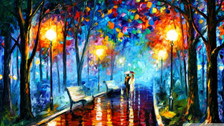 Couple umbrella tree colorful lights - fauvism free wallpaper for desktop