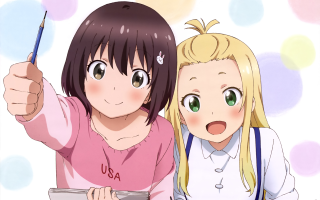 Girls pencil tablet surprised pointing - two girl free wallpaper