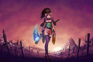 Girl sword butterfly grass rocks - a purple sky behind her free wallpaper